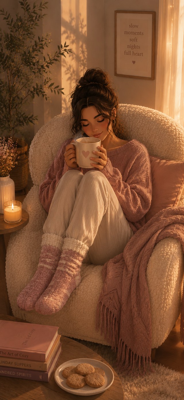 A woman curled up in a boucle chair in a fuzzy pink sweater and cozy socks, holding a warm mug
